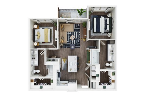 Floor plan for 2 beds, 2 baths, 1077 sqft